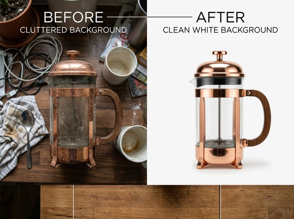 Before and after comparison showing a product photo transformation, split screen with cluttered background on left and clean white background on right, professional studio lighting, overhead view of the comparison, commercial photography, sharp and detailed