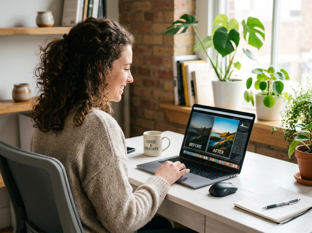 Woman in her late 20s with curly brown hair reviewing photos on laptop screen showing before and after image enhancement results, sitting at modern white desk with plants in background, soft natural window light from the right, over-shoulder medium shot, lifestyle photography, shallow depth of field