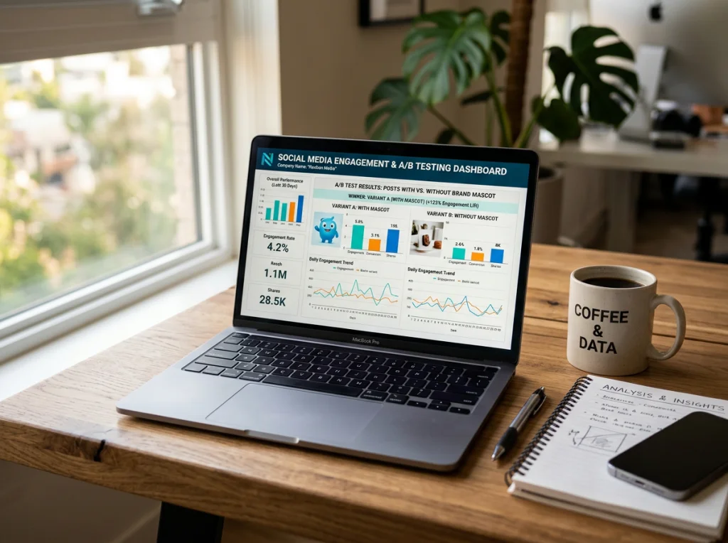 Business analytics dashboard displayed on a laptop screen showing social media engagement metrics and A/B testing results comparing posts with and without brand mascot, sitting on a modern wooden desk with coffee cup and notepad, warm afternoon light from window, slight angle view, professional business photography