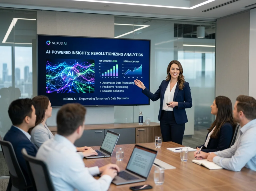 Modern startup pitch deck presentation displayed on a large monitor in a sleek conference room, showing colorful AI-generated product illustrations and charts, professional woman in blazer pointing to screen, soft LED lighting from ceiling, medium shot from side angle, corporate photography style, clean depth of field