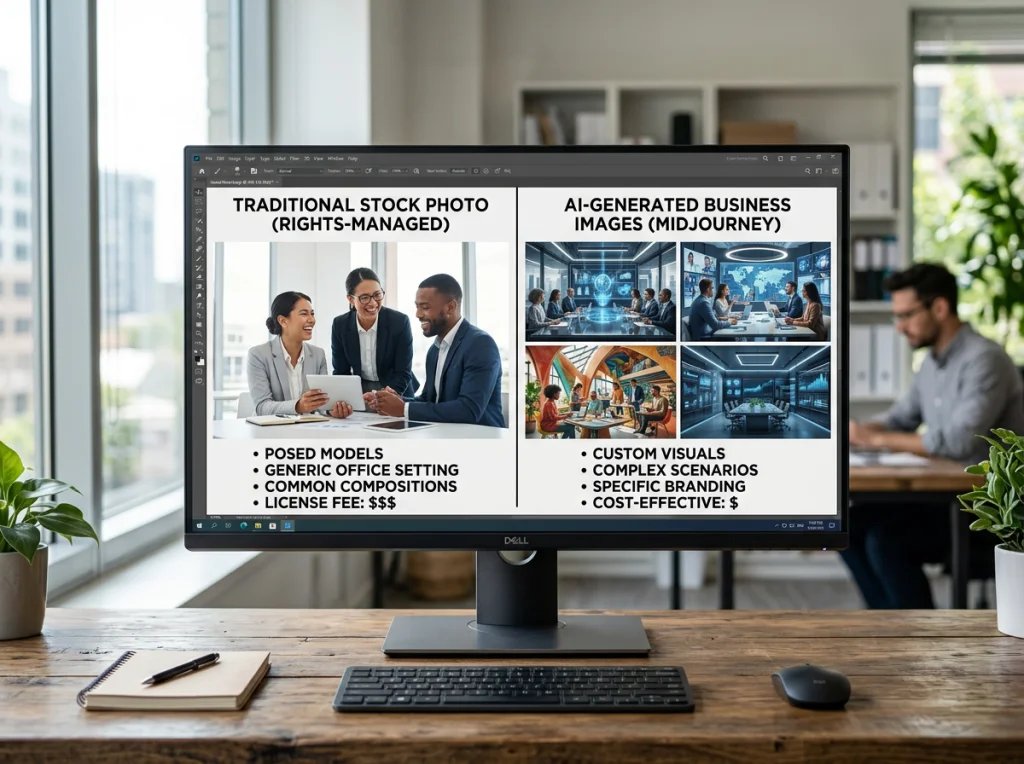 Split-screen comparison showing traditional stock photos on left side and AI-generated business images on right side, displayed on modern computer monitor, bright office lighting from window, straight-on view, tech comparison photography