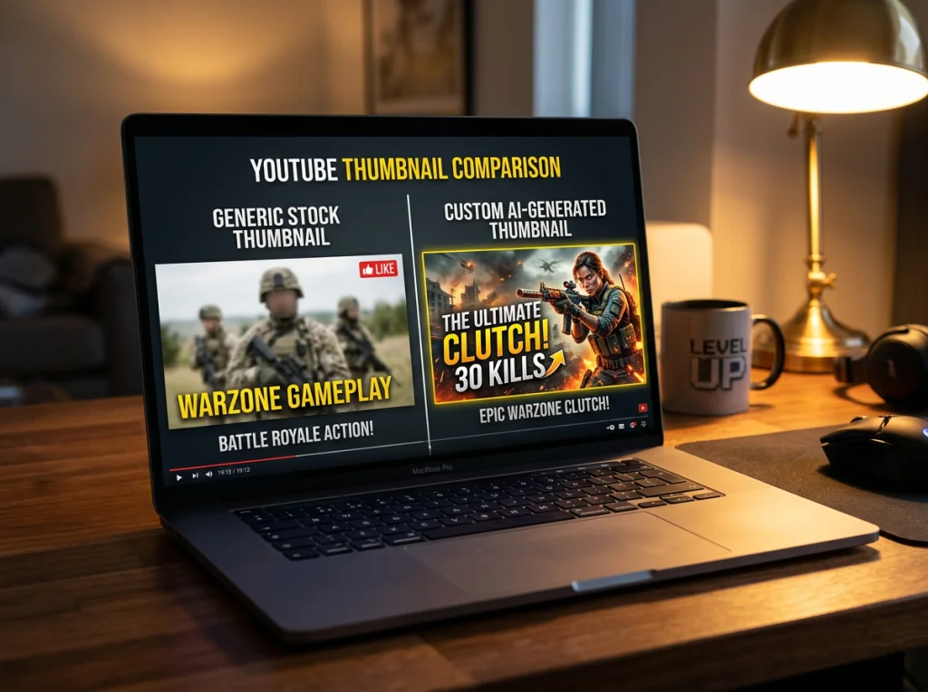 Split-screen comparison showing a generic stock photo thumbnail on the left and a custom AI-generated thumbnail on the right, both for the same gaming video, displayed on a laptop screen, warm desk lamp lighting from the right, close-up shot at slight angle, marketing comparison photography, crisp focus