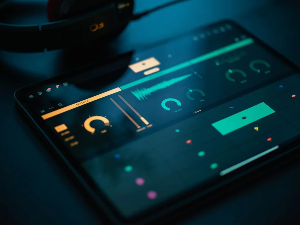 Smartphone screen showing photo editing interface with sliders for brightness, contrast and saturation, finger touching exposure control, desk setup with coffee cup and notebook, warm desk lamp lighting, close-up at 45-degree angle, tech photography aesthetic