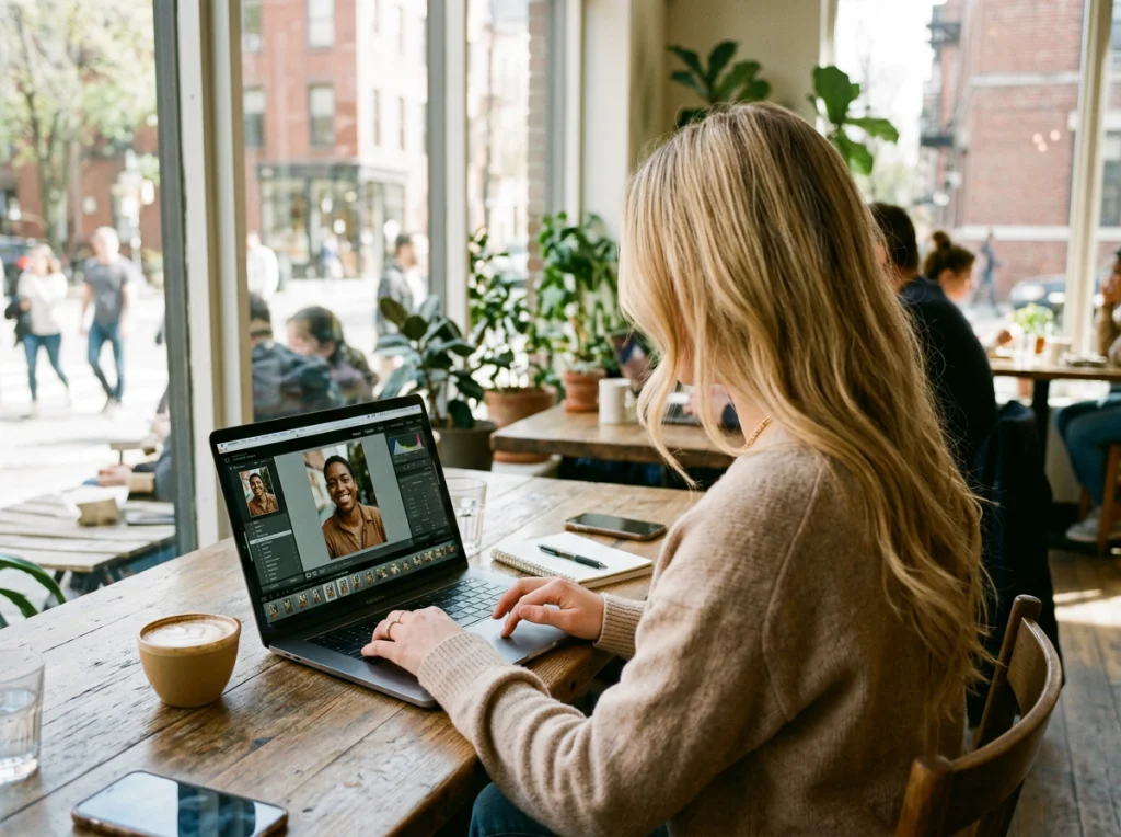 Young woman in her 20s with long blonde hair, sitting at cafe table with laptop showing image editing interface, natural daylight through large windows, over-shoulder shot showing screen, lifestyle photography, warm natural tones