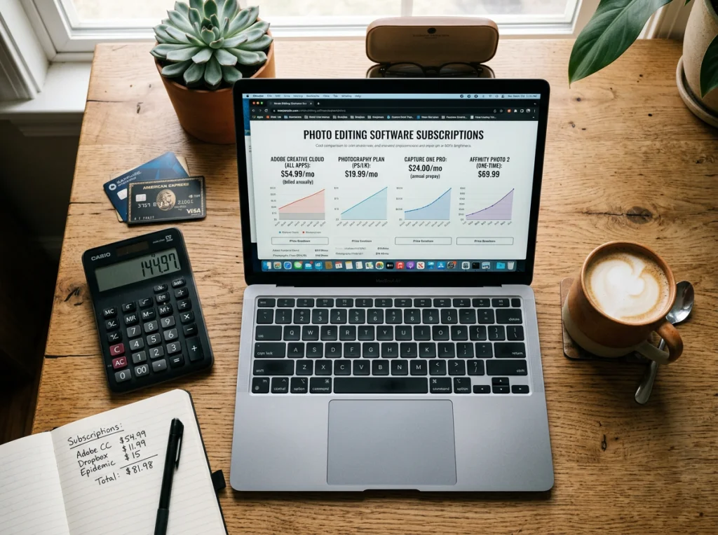 Calculator, credit cards, and laptop showing photo editing subscription costs on screen, arranged on wooden desk with coffee cup, natural daylight from window, overhead view, financial planning photography style