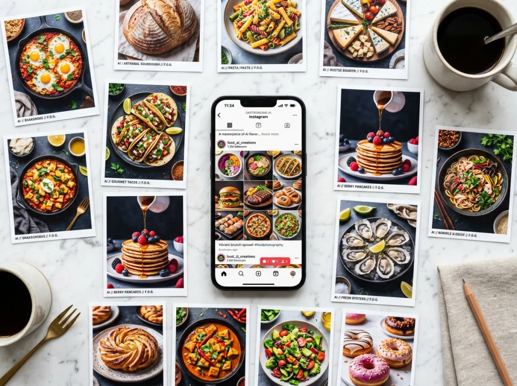 Overhead flat-lay of a modern smartphone displaying a grid of colorful food photos on Instagram, surrounded by printed AI-generated food photography samples on a white marble desk, bright natural daylight from above, directly overhead shot, lifestyle photography with minimal styling, crisp focus throughout