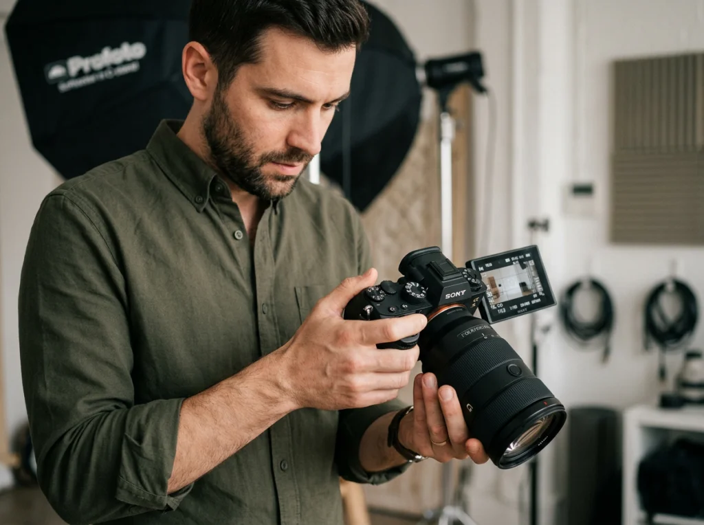 Professional photographer in his 30s adjusting camera settings, wearing casual shirt, in a modern studio with soft diffused lighting, close-up shot focused on hands and camera, editorial style photography