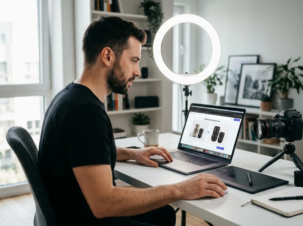 Professional photographer in his 30s with dark hair wearing black shirt, testing AI background removal tools on a laptop with multiple browser tabs open, sitting at modern white desk with ring light setup, soft daylight from window, three-quarter view medium shot, tech lifestyle photography