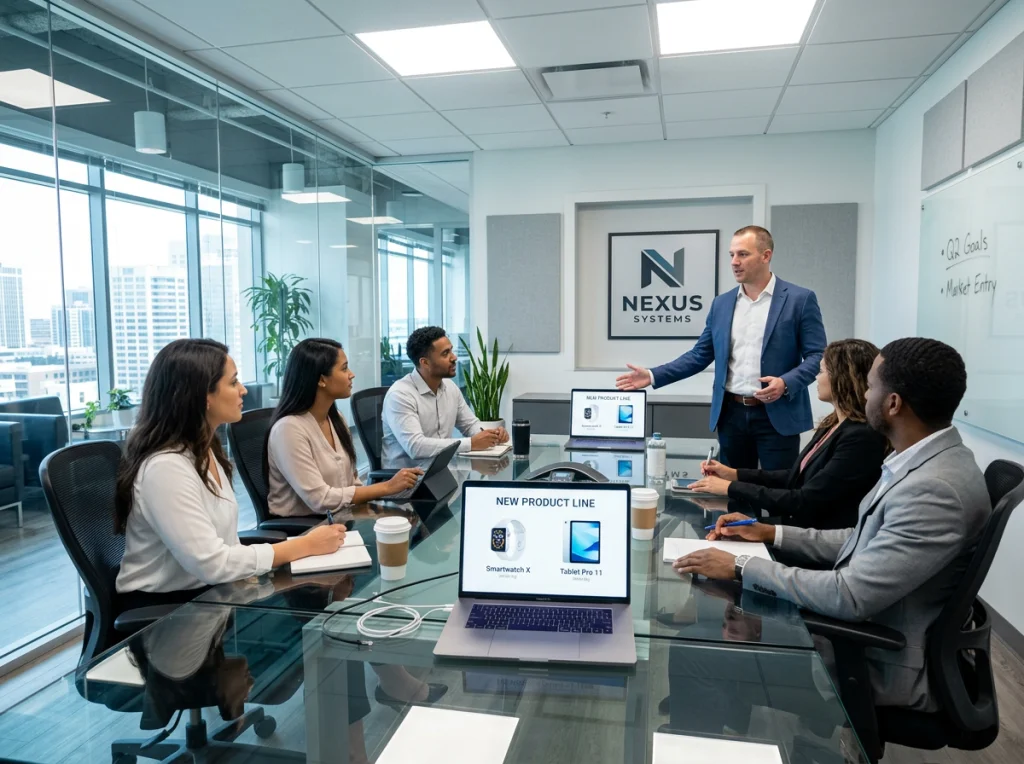 Business presentation scene with laptop displaying slideshow with clean product images on white backgrounds, modern conference room with glass table and ergonomic chairs, bright office lighting from ceiling panels, wide angle shot, corporate photography style