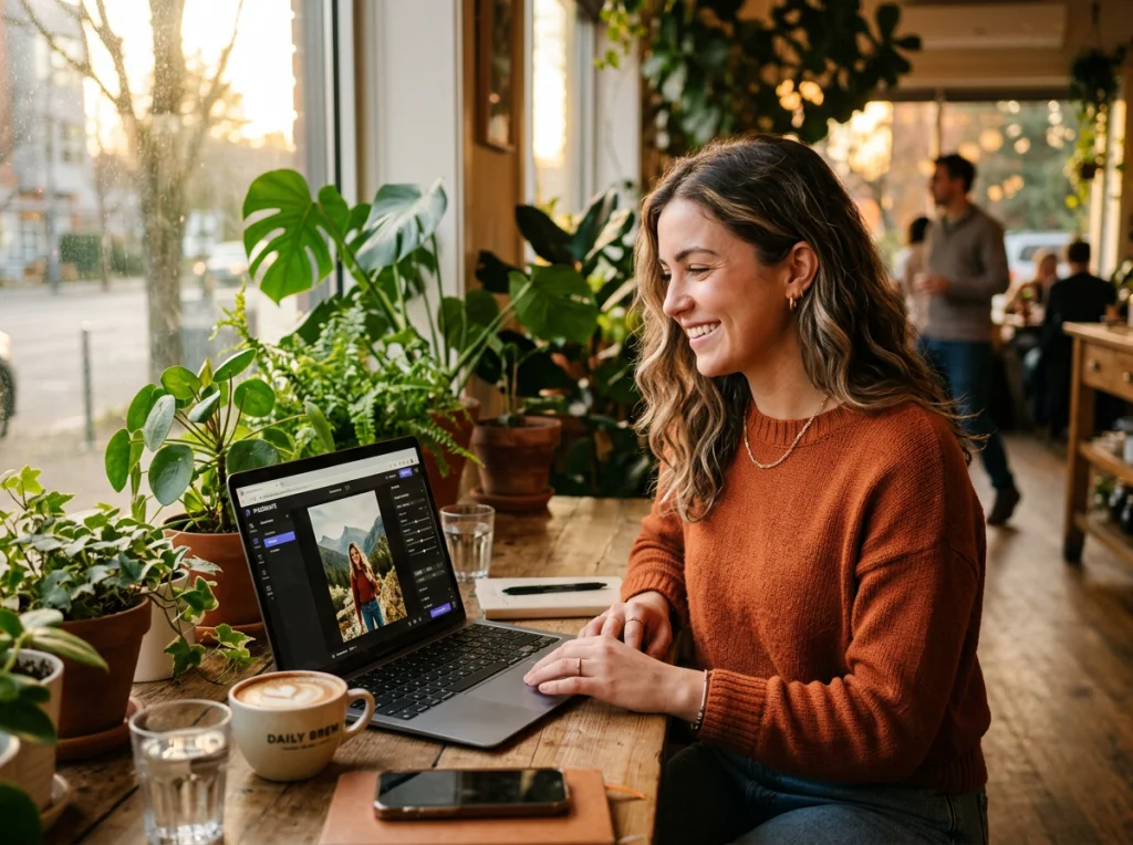 Content creator in their 20s with laptop open showing web photo editor interface, smiling with satisfaction, sitting at cafe table near window with natural plants, golden hour lighting from side, lifestyle portrait with bokeh background