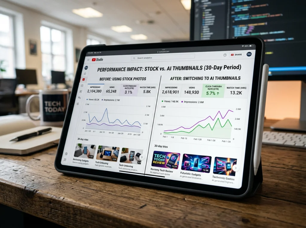 Before and after comparison showing a YouTube channel analytics dashboard, displaying improved click-through rates after switching from stock photos to AI thumbnails, viewed on a modern tablet device, soft office lighting from overhead, angled medium shot, data visualization photography, selective focus on the metrics