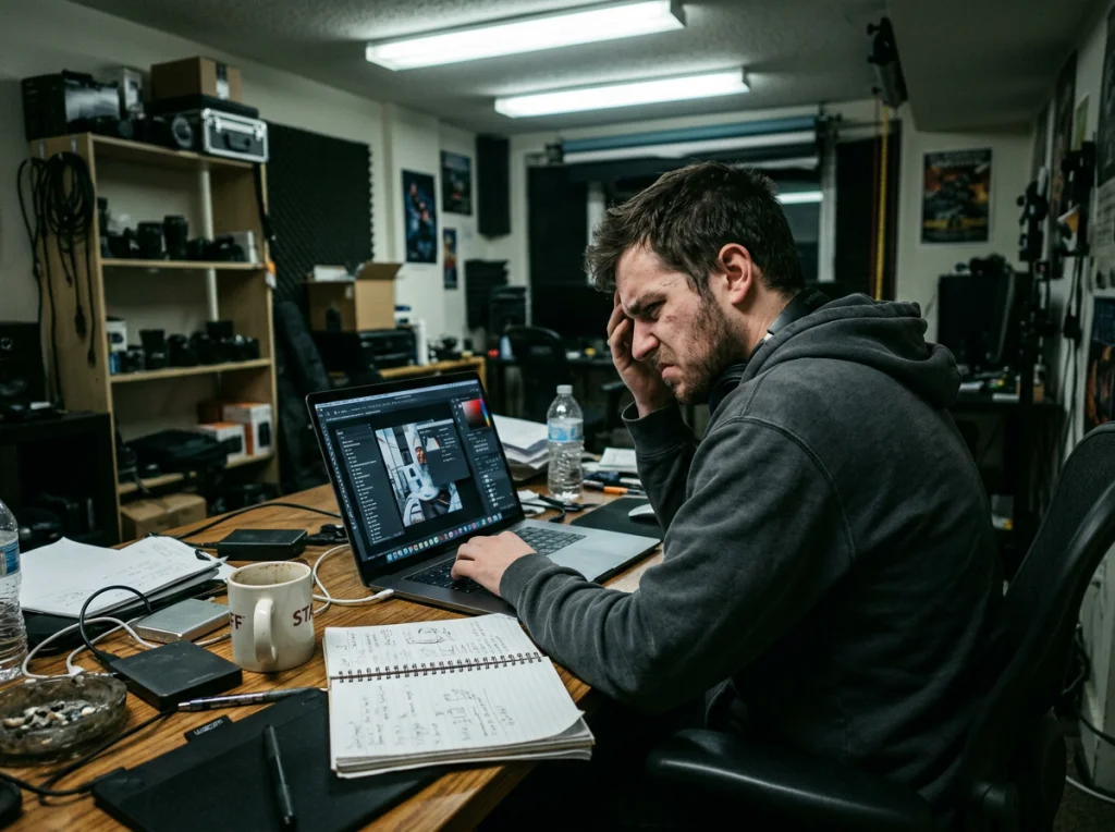 Content creator in his 20s with frustrated expression, hunched over laptop showing Photoshop interface, cluttered desk with coffee mug and notebooks, harsh overhead fluorescent lighting, over-shoulder medium shot, documentary style photography