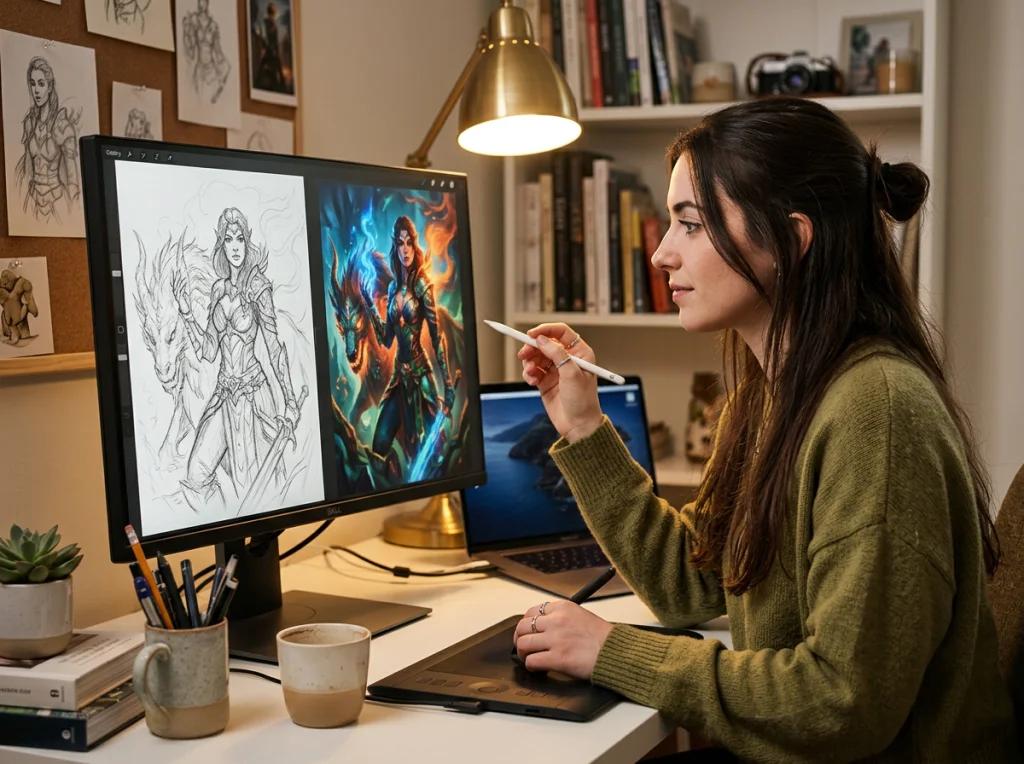 Woman in her 20s with long dark hair examining side-by-side images on a large monitor, pencil sketch on left transforming into vibrant digital art on right, warm desk lamp lighting from above, eye-level medium shot, editorial workspace photography