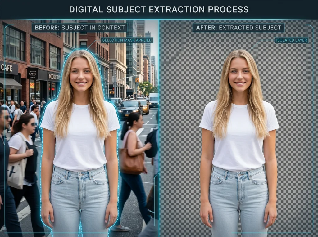 Young woman in her 20s with long blonde hair, wearing casual white t-shirt, being digitally extracted from busy city street background, split-screen showing before and after, bright daylight, straight-on medium shot, digital art visualization, crisp and technical