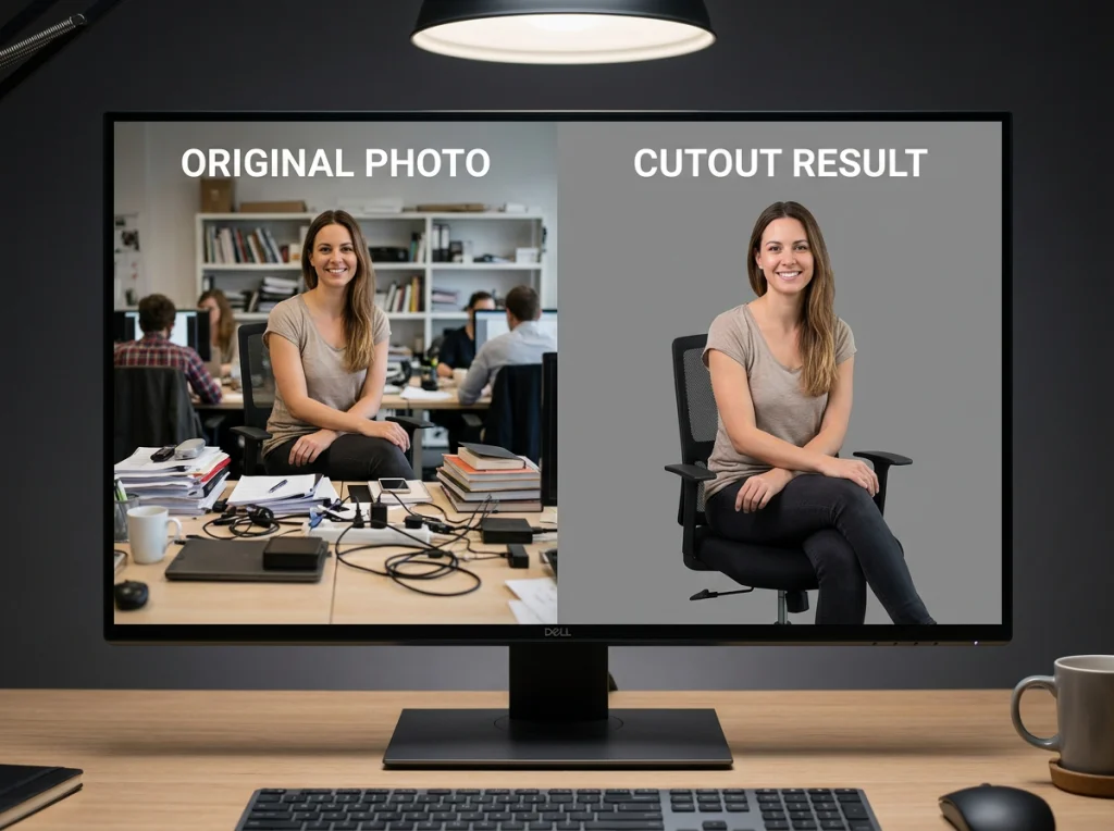 Split-screen comparison showing original photo with cluttered background on left and clean cutout result on right, displayed on modern monitor, soft studio lighting from above, straight-on view, tech photography style, crisp details