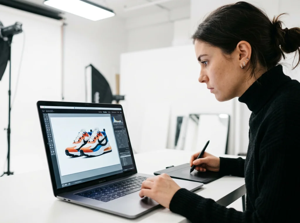 E-commerce product photographer in her 20s, black turtleneck, concentrated expression, editing sneaker product photo on laptop screen, clean white background, bright studio lighting from above, close-up shot focused on screen, commercial photography aesthetic