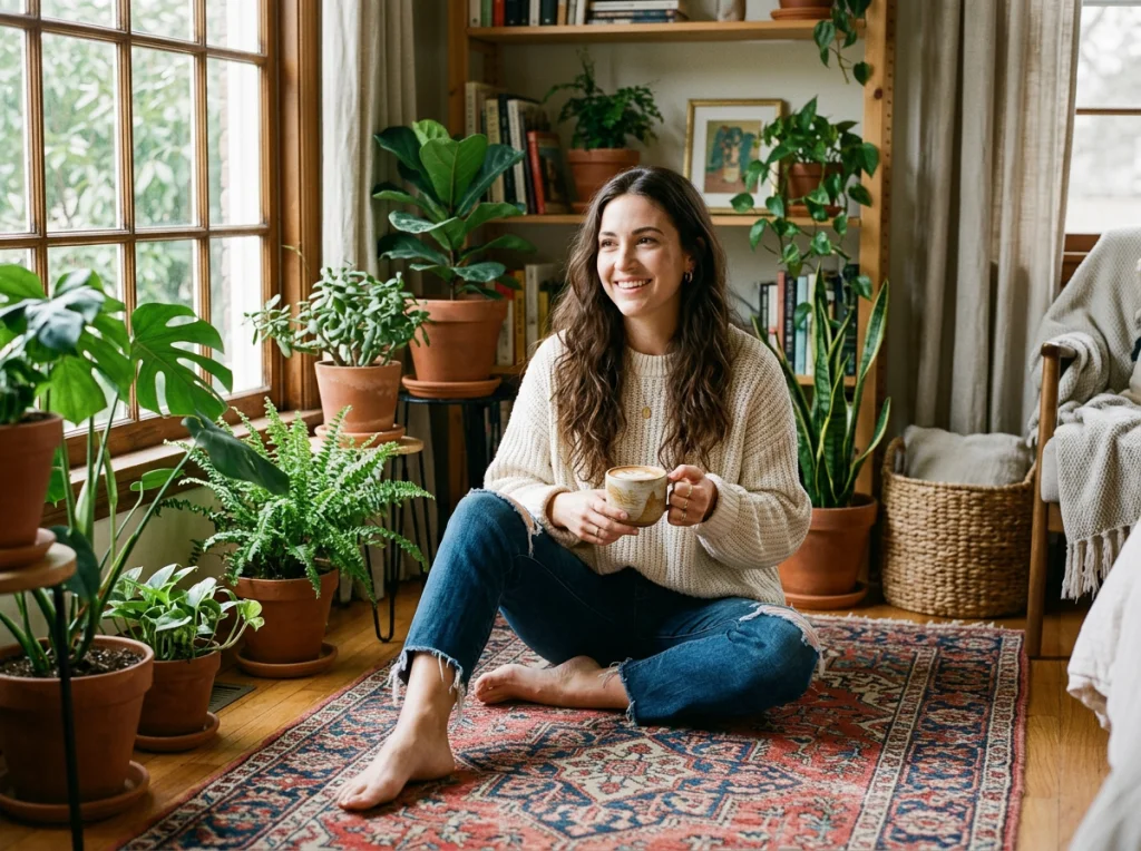 Stylish woman in her mid-20s with long dark hair, wearing a cream oversized sweater and distressed jeans, sitting cross-legged on a vintage rug with a latte, surrounded by potted plants, soft natural light from nearby window, lifestyle magazine aesthetic, warm color grading