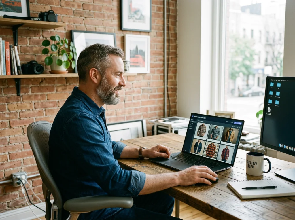 Small business owner in his 40s with graying beard, reviewing AI-generated product photos on a laptop screen showing multiple clothing variations, sitting in a modern office with exposed brick wall, natural window light from the right, three-quarter view medium shot, documentary style photography, sharp focus throughout