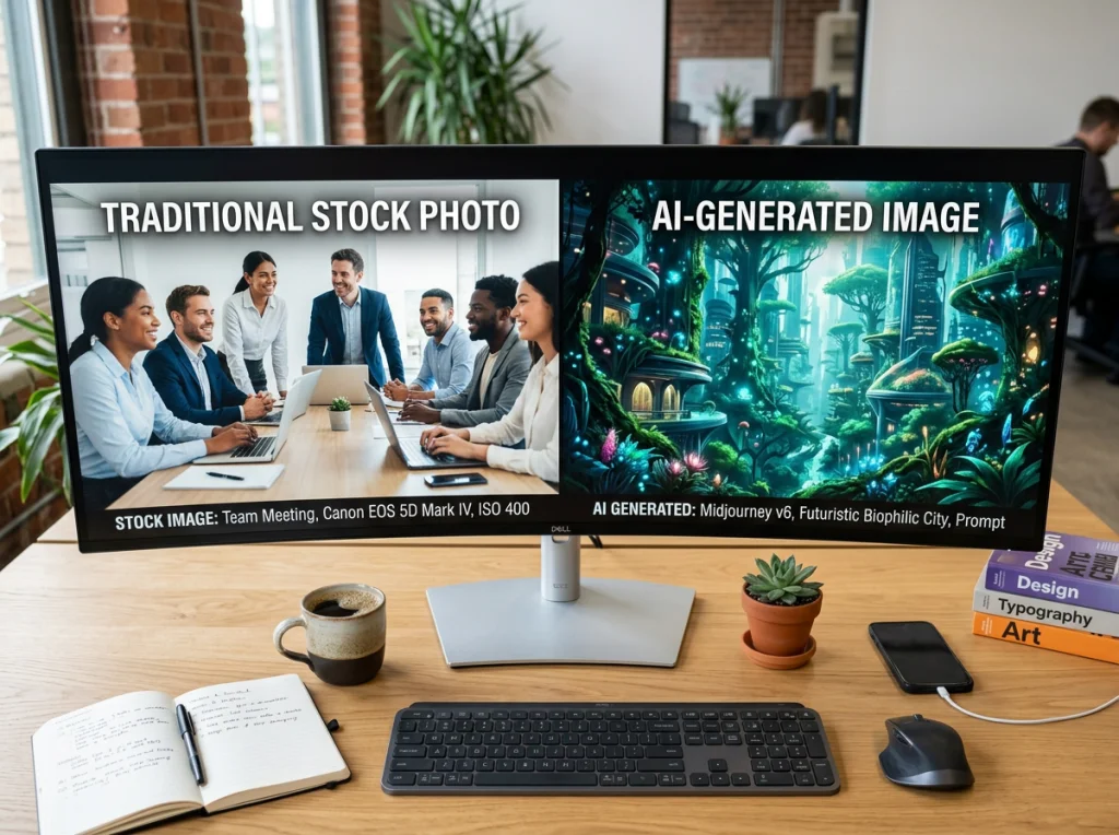 Split-screen comparison showing traditional stock photo on left versus AI-generated image on right, displayed on large ultrawide monitor, overhead flat-lay view of designer workspace with coffee cup and notebook, bright office lighting, product photography, crisp details