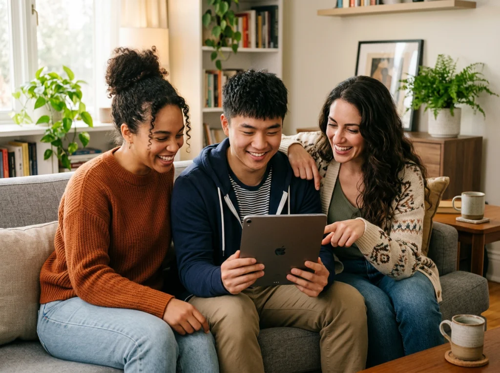 Diverse group of three people in their 20s and 30s, different ethnicities and hair types, looking at tablet screen together, sitting on modern grey couch, warm living room lighting, three-quarter view medium shot, candid lifestyle photography