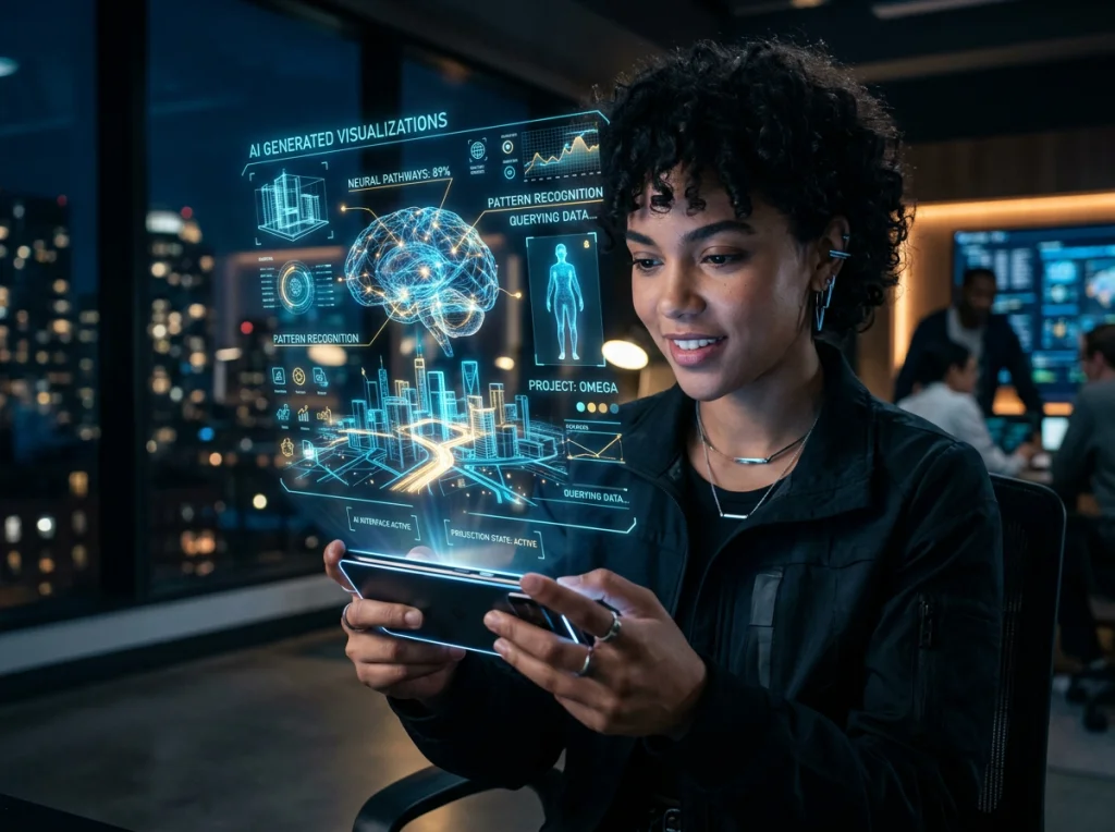 Futuristic concept showing holographic AI-generated images floating above smartphone screen, person