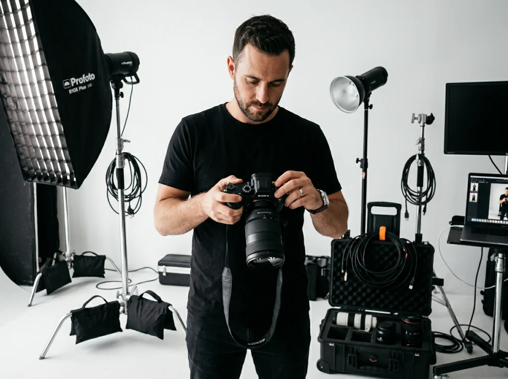 Professional photographer in their 30s wearing black shirt, adjusting camera settings, surrounded by photography equipment in white studio, dramatic side lighting, medium shot from waist up, commercial photography style