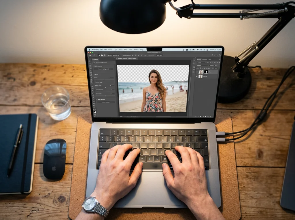 Close-up shot of hands typing on MacBook Pro showing photo editing software interface with background removal tool active, bright desk lamp illumination from above, overhead flat-lay angle, technical photography style, sharp focus
