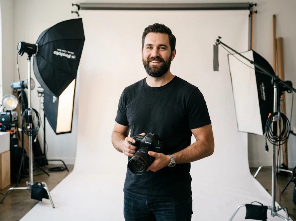 Professional photographer in his 30s with beard, black t-shirt, holding DSLR camera, standing in modern studio with white backdrop and professional lighting equipment, soft studio lighting from multiple sources, three-quarter view medium shot, editorial portrait style