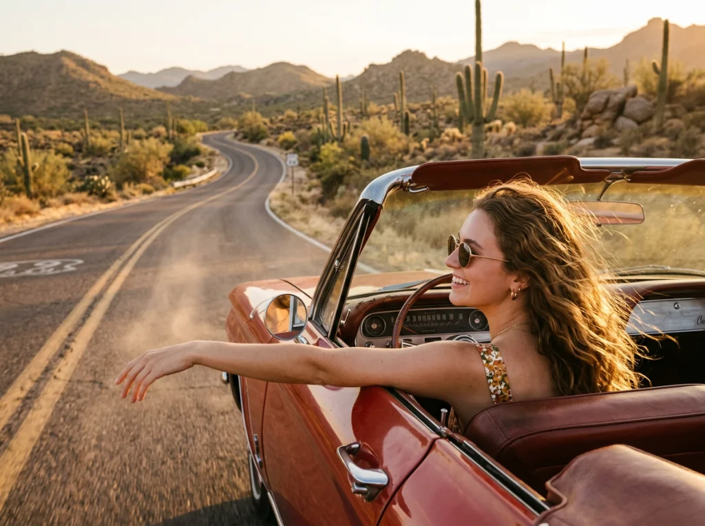 Side view of a young woman with flowing brown hair wearing vintage round sunglasses, arm extended out the window of a retro convertible car, desert landscape with cacti in the background, golden hour lighting creating warm rim light, shot from passenger perspective, road trip photography, cinematic warm tones