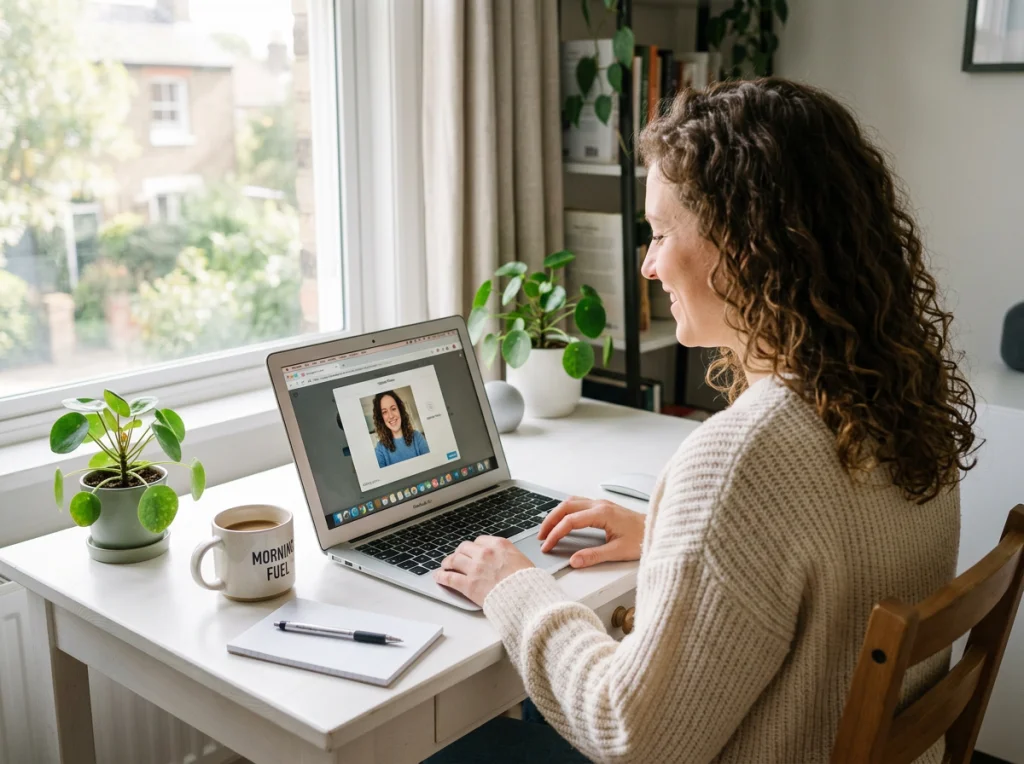 Woman in her early 30s with curly brown hair, uploading a casual selfie photo on a laptop screen, sitting at a white desk with coffee cup visible, soft morning light from window, over-shoulder medium shot, lifestyle photography, clean and modern aesthetic