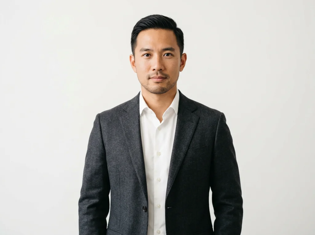 Professional person in mid-30s with neutral expression wearing dark blazer, clean white background, soft even lighting from front, medium portrait shot at eye level, minimal contemporary style, sharp focus throughout