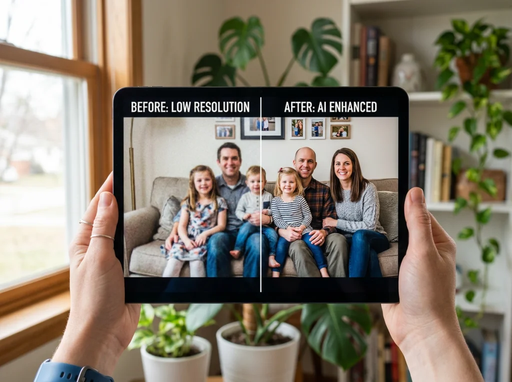 Split-screen comparison showing blurry low-resolution family photo on left and crisp AI-enhanced version on right, displayed on modern tablet screen held by hands, natural daylight from window, straight-on close-up shot, before-after photography