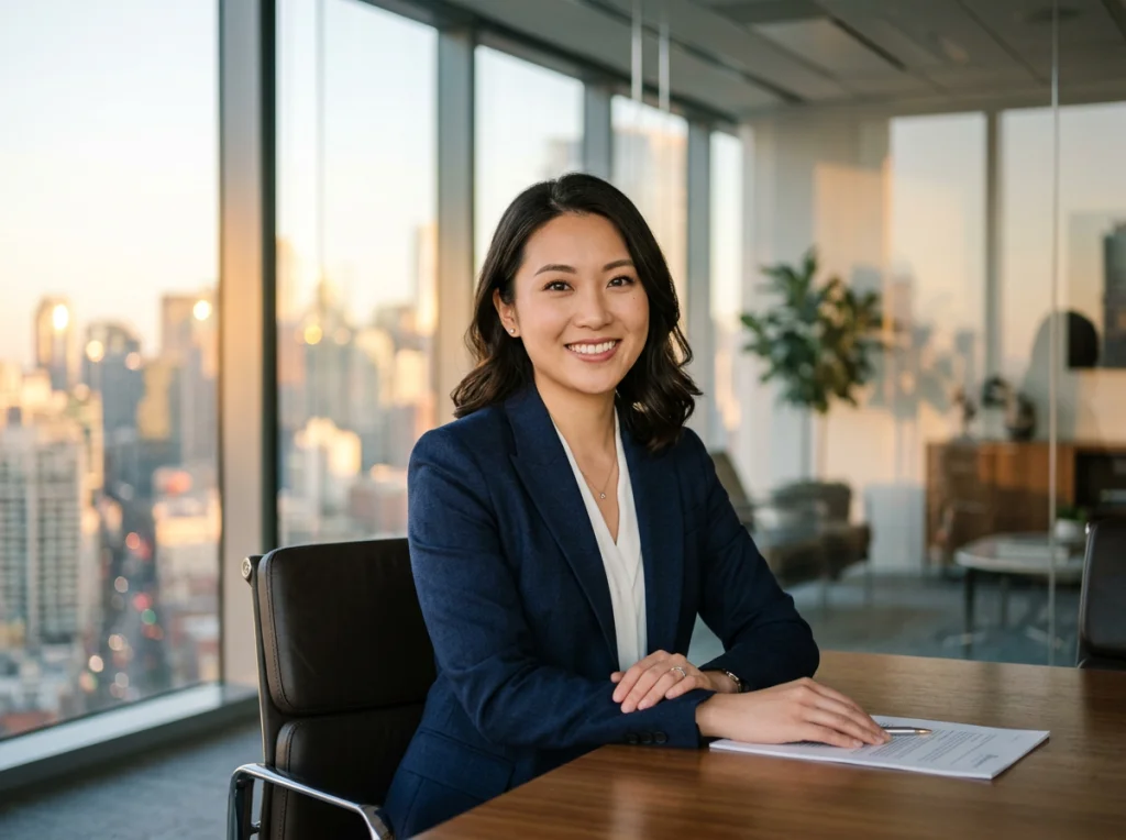 Professional Asian woman in her late 20s wearing a navy business suit, confident smile, sitting in a modern glass office with city skyline visible through windows, golden hour lighting from the left, medium close-up shot, executive portrait photography, shallow depth of field