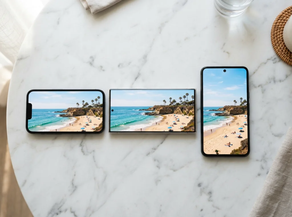 Pantalla dividida mostrando tres teléfonos, cada uno con distintas proporciones de aspecto de la misma escena de playa de verano, dispuestos sobre superficie de mármol, iluminación natural suave, estilo fotografía de producto con composición limpia