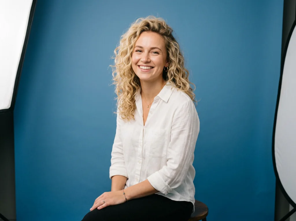 Portrait of smiling woman in her 20s with curly blonde hair, white blouse, natural expression, sitting against solid blue backdrop in photography studio, professional lighting setup, medium shot at f/4, editorial portrait style