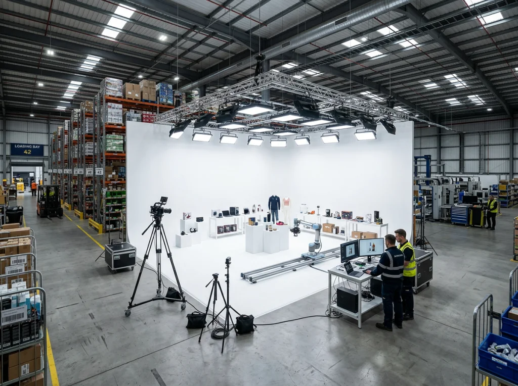 Entrepôt e-commerce moderne avec produits mis en scène pour génération photo IA, fond blanc propre, éclairage LED lumineux venant de plusieurs angles, plan large de présentation, photographie industrielle, détails nets sur toute la surface