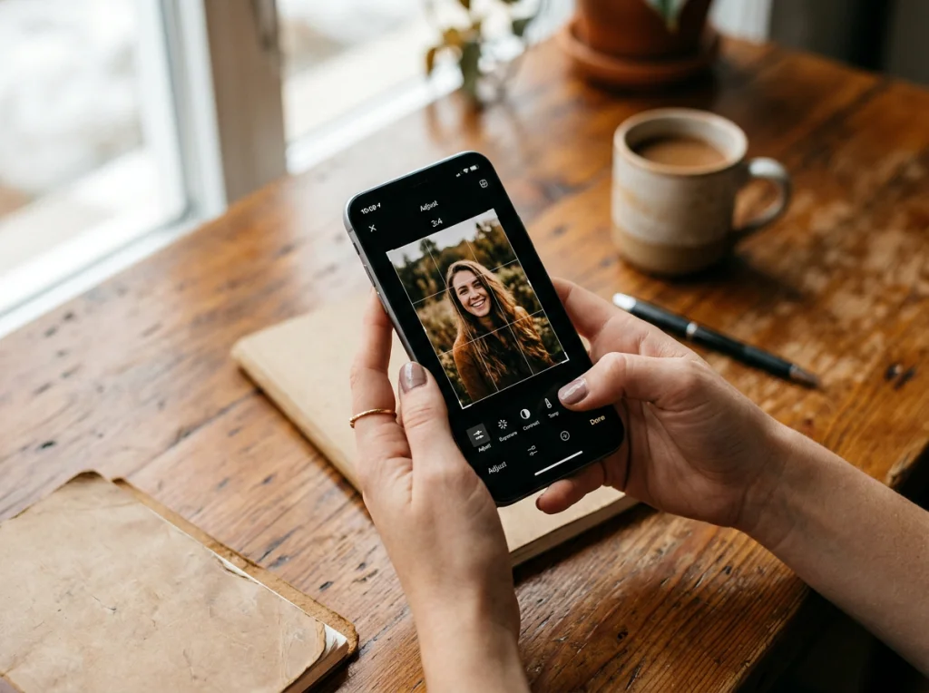 Smartphone displaying photo editing interface with 3x4 photo format guidelines, phone held in hands against wooden desk surface, natural daylight from window, angled shot from above, lifestyle photography, shallow depth of field