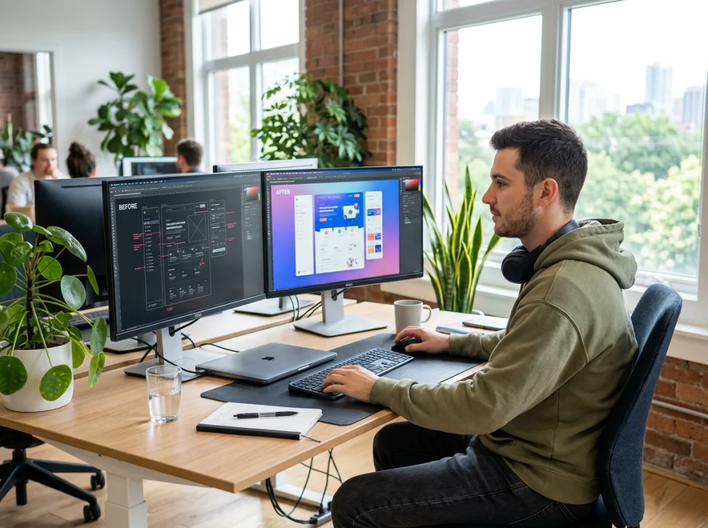 Young male designer in casual green hoodie working on dual monitor setup showing before and after images, modern bright office space with plants, natural daylight from large windows, three-quarter view angle, contemporary workspace photography, balanced exposure