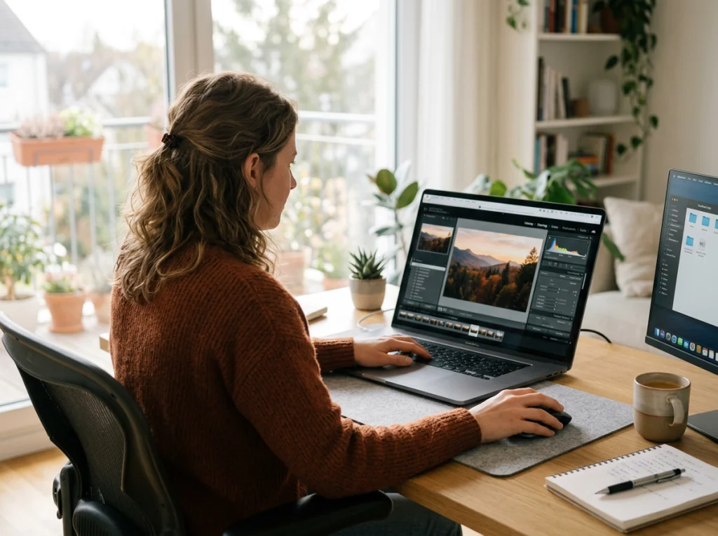Woman in her 30s with brown hair, sitting at a modern desk, using a laptop with photo editing software visible on screen, soft natural light from window behind, over-shoulder medium shot, lifestyle photography, shallow depth of field