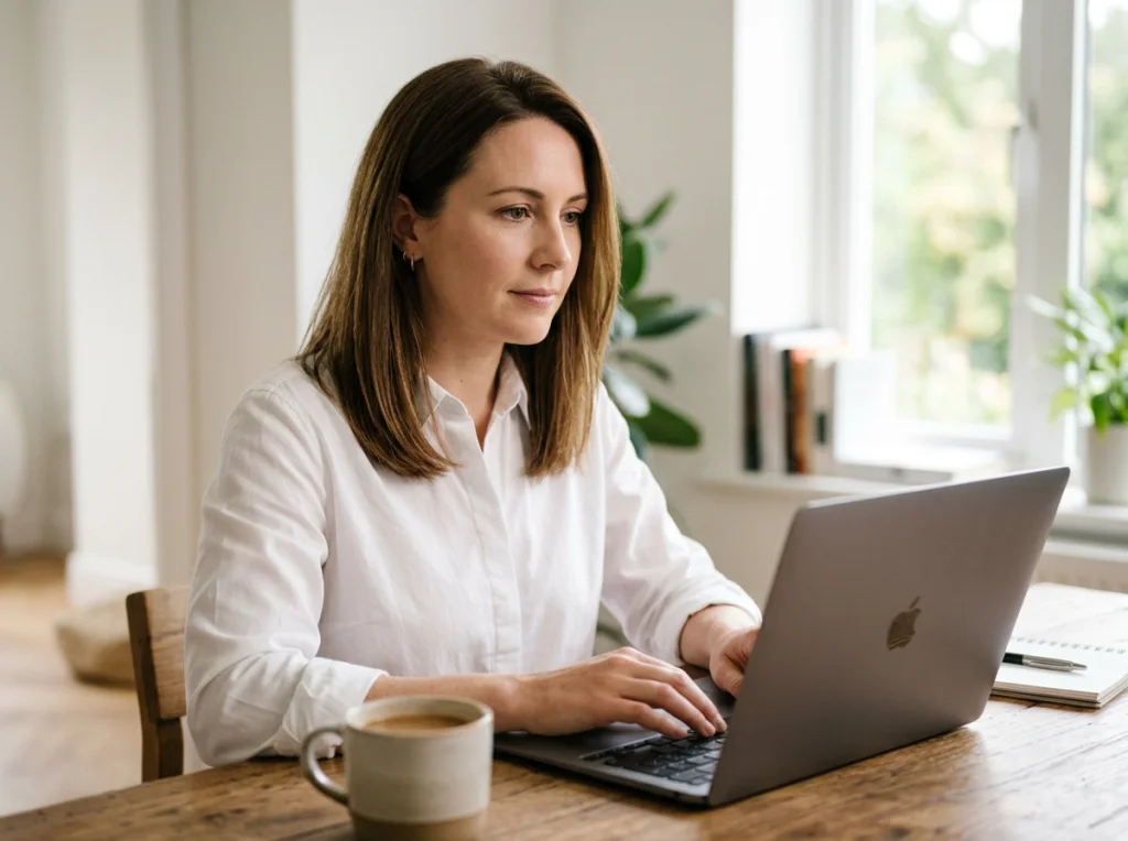 Woman in her 30s with straight brown hair, neutral expression, white collared shirt, sitting at a wooden desk with laptop open, soft window light from the right, close-up portrait at f/2.8, editorial photography, clean background