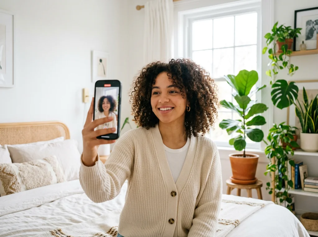 Young woman in her 20s with curly hair holding a smartphone, filming herself in a bright bedroom with white walls and plants, natural window light from the right, medium shot at eye level, lifestyle photography, shallow depth of field