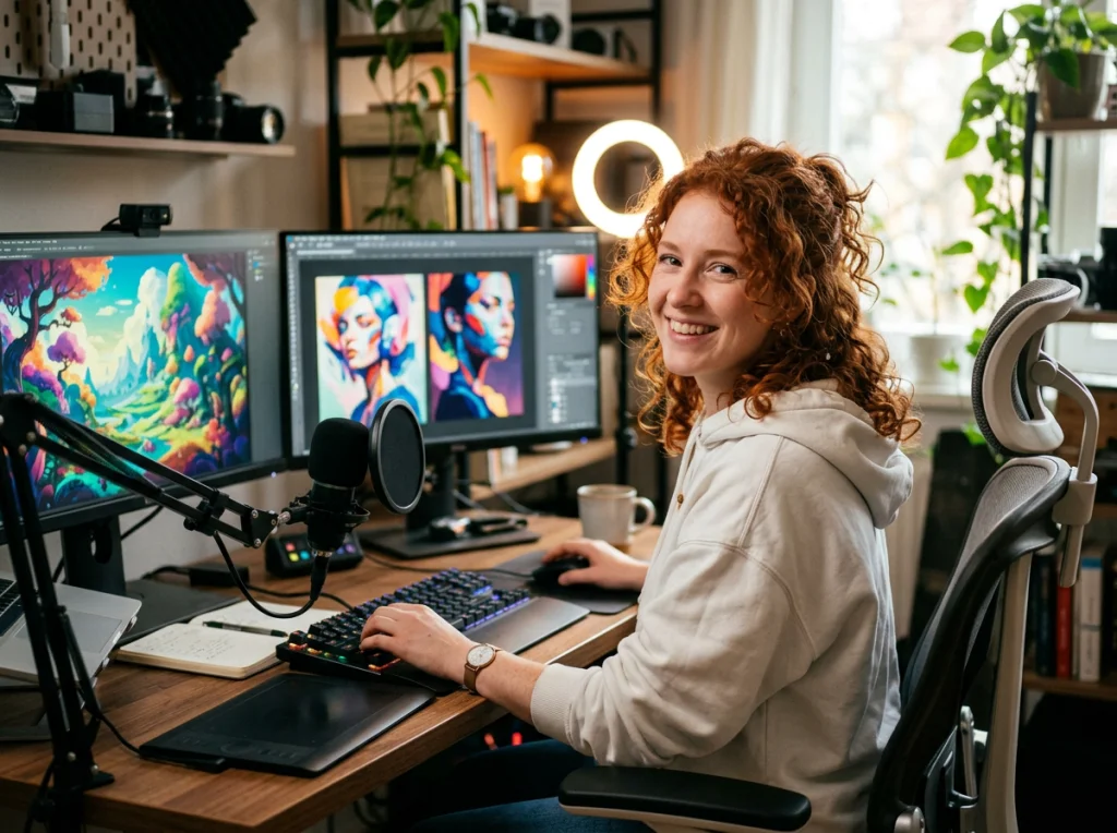 Content creator in her late 20s with curly red hair, wearing a white hoodie, sitting at a modern desk with dual monitors showing AI-generated artwork, soft ring light illuminating her face, over-shoulder medium shot, lifestyle photography, shallow depth of field