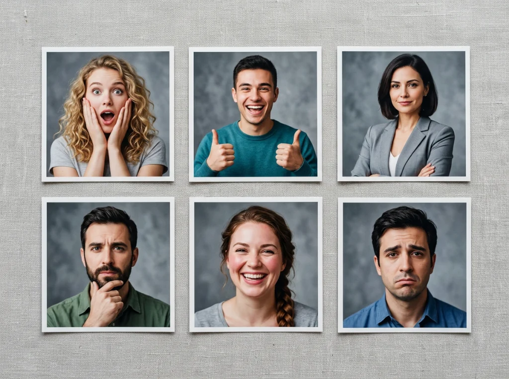 Grid layout showing six different AI-generated portrait thumbnails displaying various emotions like surprise, excitement, confidence, and curiosity, professional studio lighting, flat-lay overhead view, editorial grid photography