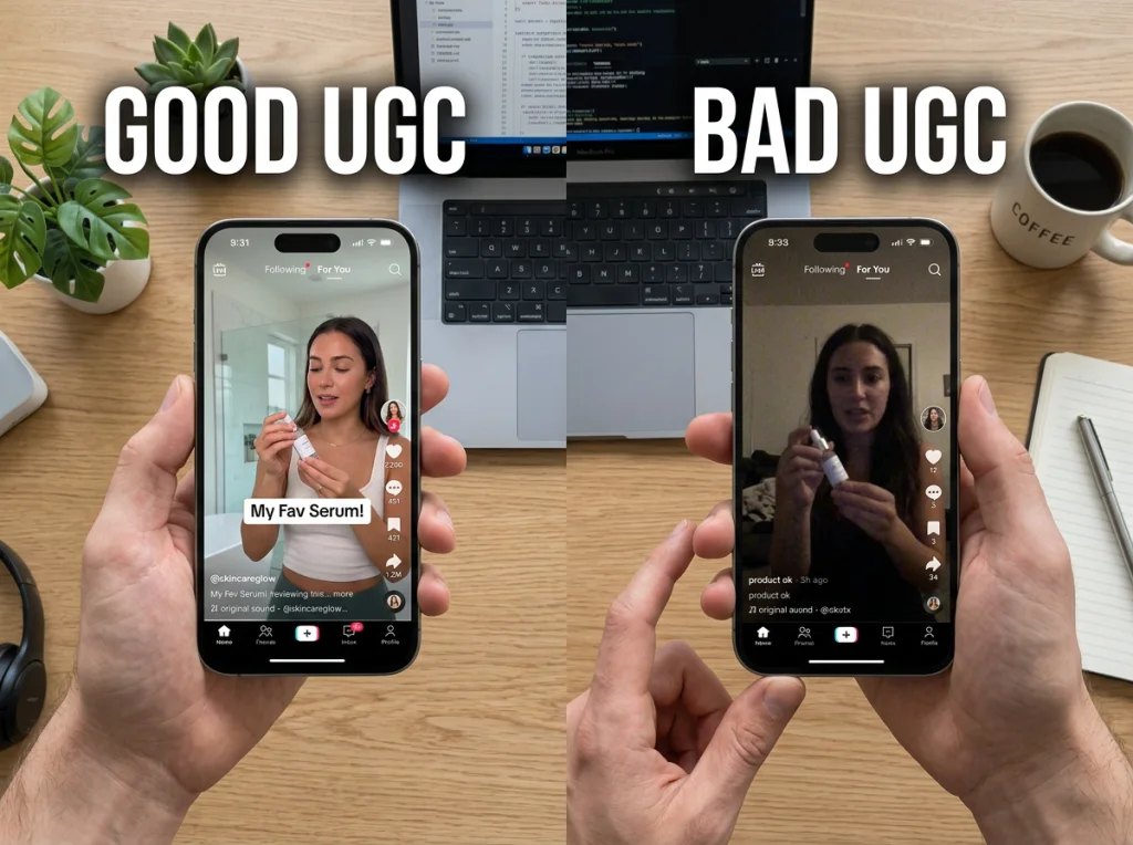 Side-by-side comparison showing good versus bad UGC video examples on smartphone screens, hands holding phones with different content quality, modern desk setup with laptop in background, even lighting, flat-lay overhead shot, editorial comparison style