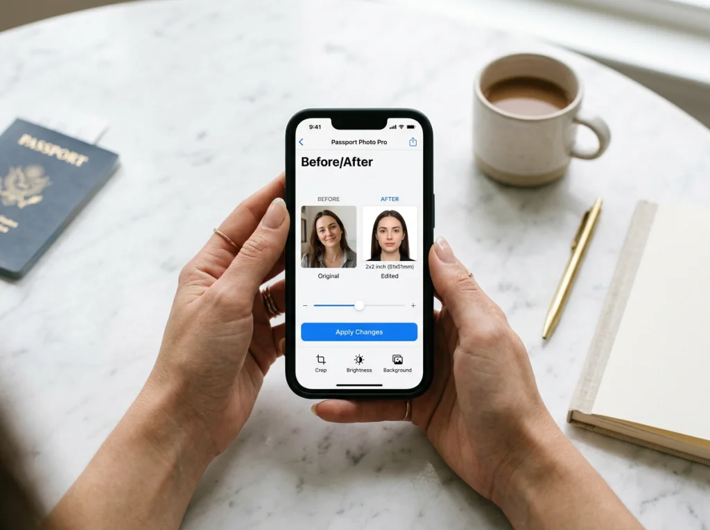 Close-up of hands holding a smartphone showing passport photo editing app interface with before/after comparison, sitting at white marble desk, natural daylight from above, overhead shot at f/4, lifestyle photography, minimal aesthetic