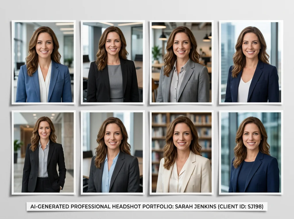 Side-by-side grid showing 8 different AI-generated professional headshots of the same person in various business attire and backgrounds, bright studio lighting from above, flat lay photography style, comparison chart aesthetic, even lighting