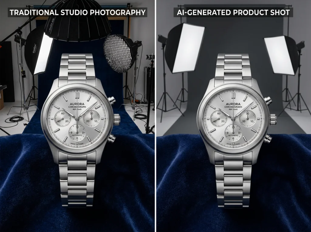 Side-by-side comparison of traditional studio photo and AI-generated product shot, showing identical luxury watch on velvet surface, studio lighting setup visible in background, overhead flat-lay perspective, commercial product photography style