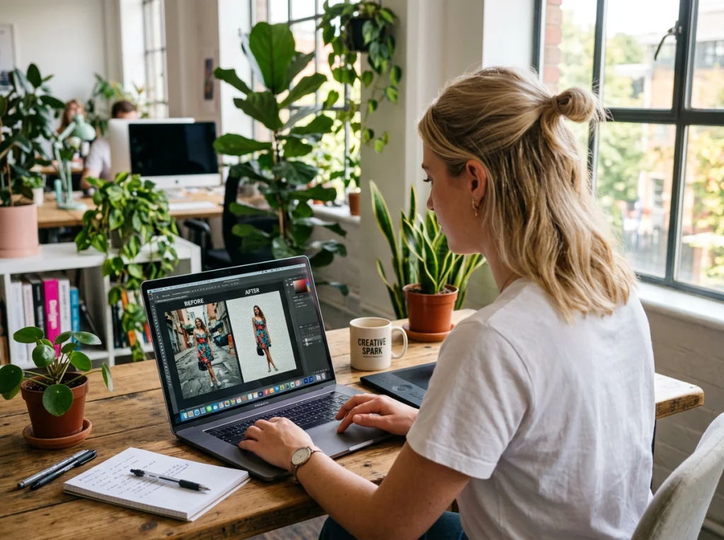 Young female graphic designer in her 20s with blonde hair wearing white t-shirt, working on laptop showing before-after comparison of background removal, sitting in bright modern office with plants, natural window light, over-shoulder view, editorial workspace photography