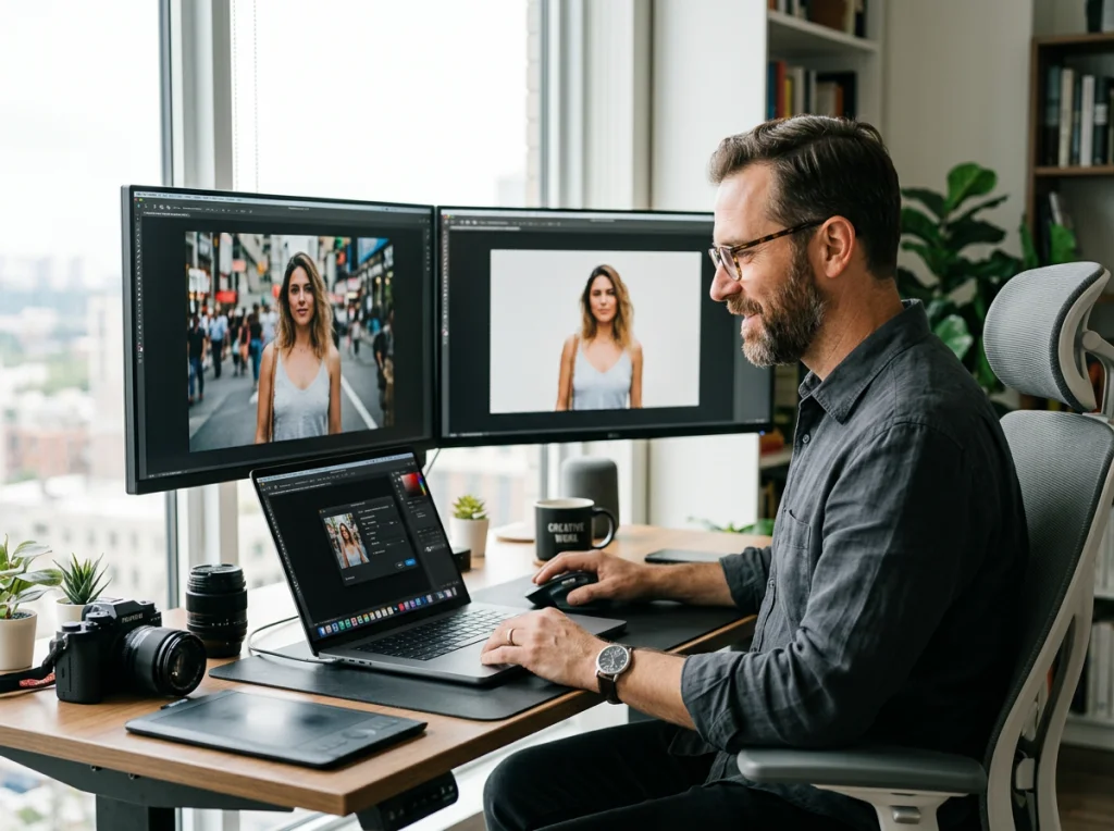 Professional photographer in his 40s with beard testing background removal tools on a MacBook Pro, sitting at a modern desk with multiple monitors showing before and after images, soft natural light from large window, eye-level medium shot, editorial workspace photography, shallow depth of field