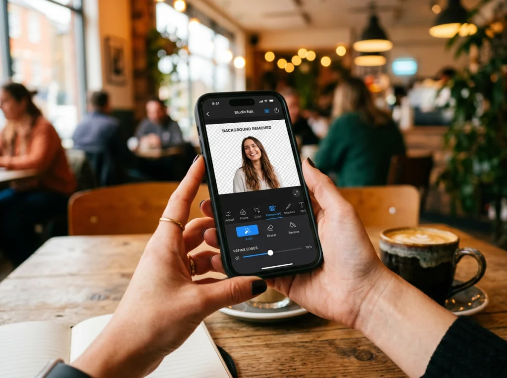 Close-up of hands holding a smartphone displaying a photo editing app interface with background removal tools, modern coffee shop setting with blurred customers in background, warm ambient lighting, overhead shot at 45-degree angle, lifestyle photography, shallow focus on screen